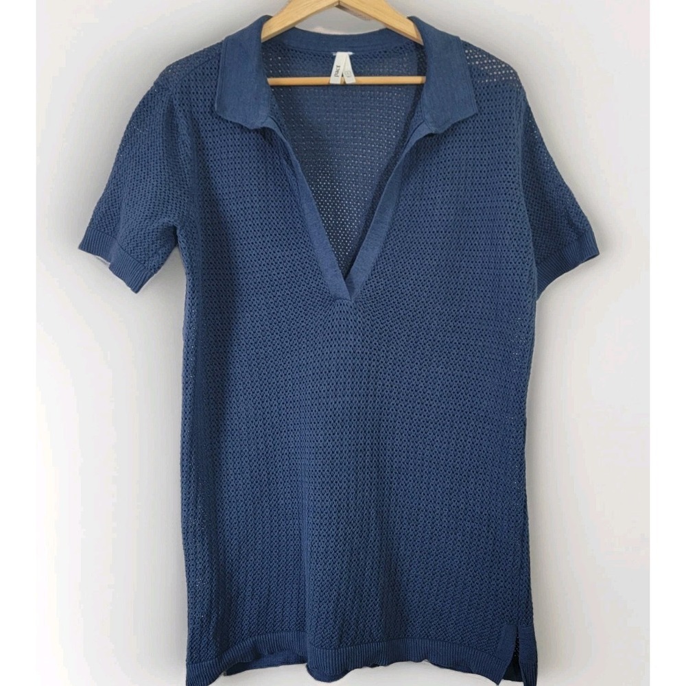 Pact Women L Navy Blue Open Knit Polo Top Collared Short Sleeve Boho Style
